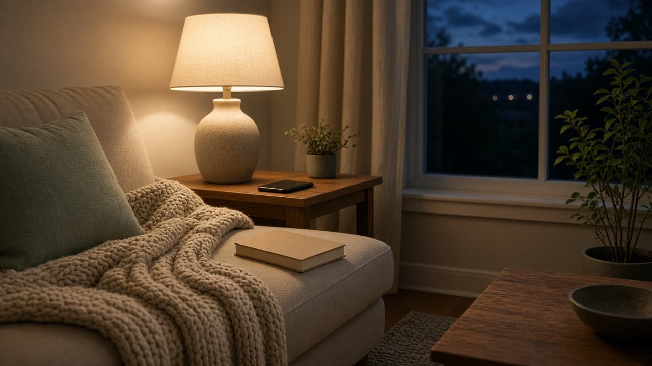 Quiet living room at dusk with a lamp on and the phone face-down — the last hour of the day
