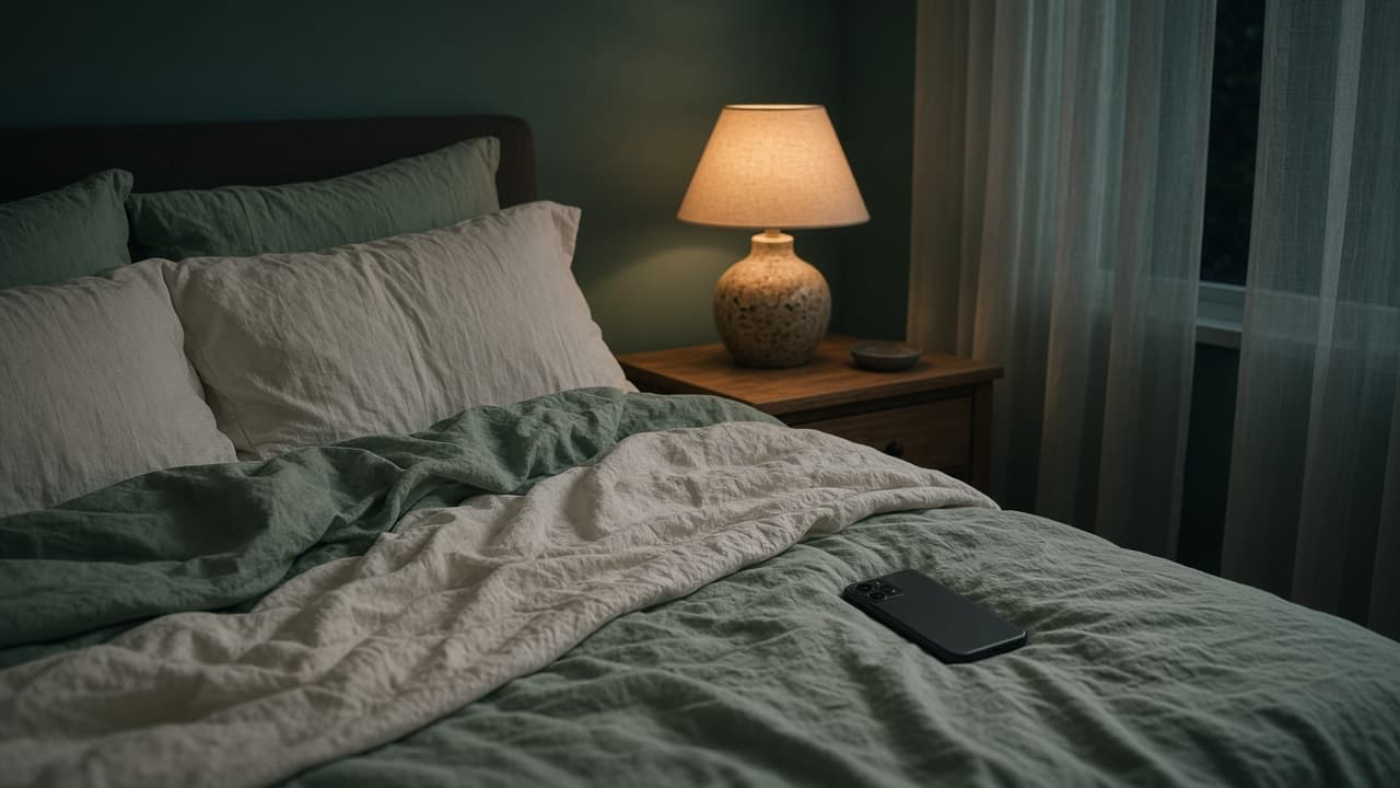 Quiet bedroom at night with a warm bedside lamp and rumpled linen — the last hour of the day