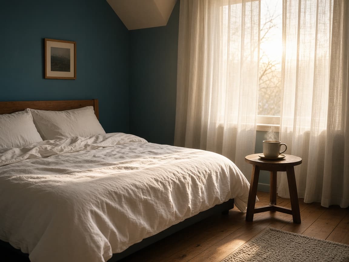 Morning light through linen curtains on a quiet bedroom after a calmer night